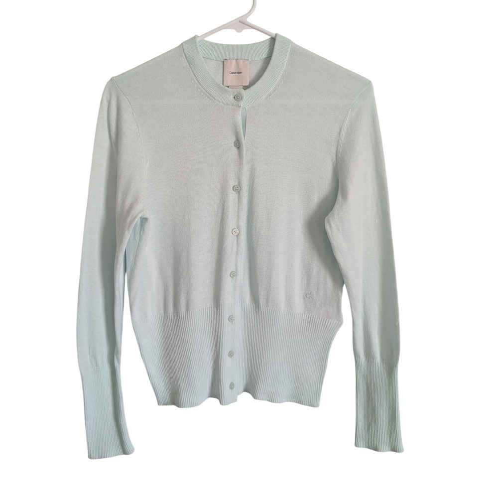 Calvin Klein Soft Girl Light Academia Seafoam Pastel Blue Fine Knit Cardigan